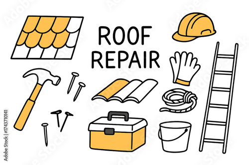 Roof Repair Tools. Roof Repair. Hand-drawn doodle illustration shingles (colored), ladder, hammer (colored), nails, toolbox (colored), safety helmet, gloves