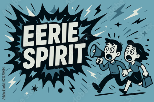Eerie Spirit Explosion. Eerie Spirit banner, flat vector illustration, bold oversized text inside splash explosion, cartoon characters running and shouting at