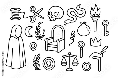 Underworld Iconography. Fate and the Underworld. Hand-drawn doodle illustration Fate and the Underworld thread, scissors, skull, serpent, torch, crown,