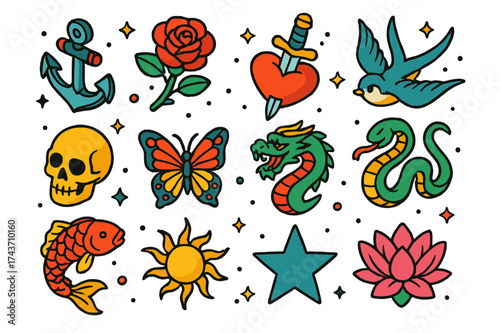 Colorful Tattoo Icons Grid. Tattoo Flash. Colorful isometric vector icons set of tattoo flash: anchor, rose, dagger through heart, swallow bird, skull,