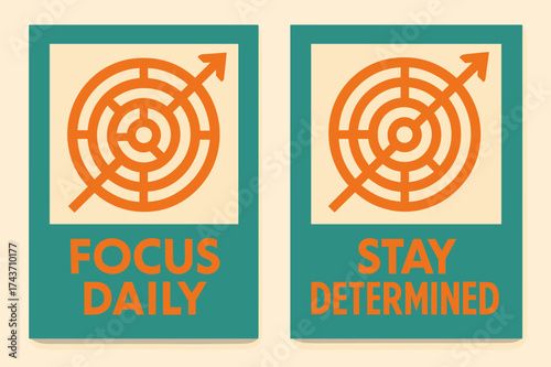Focus and Determination Banners. Determination. Two vertical A6 banners with safe margins, centered composition, no elements touching edges, geometric style,