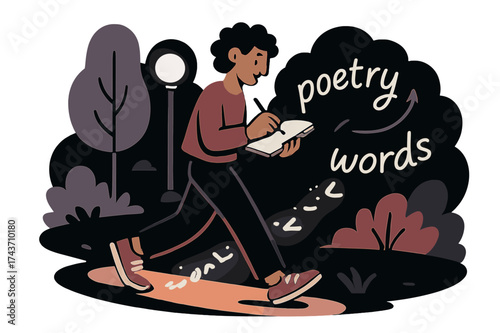Glowing Park Storyteller. Poetry in motion. Person walking through glowing park trail while writing in notebook. Words floating behind them like