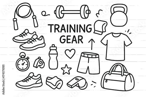 Training Gear Doodle. Training gear. Hand-drawn doodle illustration training gear jump rope, dumbbell, kettlebell, sneakers, towel, water bottle, stopwatch,