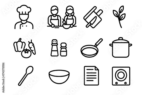 Local Cuisine Exploration. Learning local cuisine. Line icon set of Learning local cuisine: chef, students cooking, chopping board, herbs, vegetables, spices,
