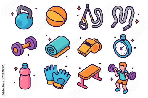 Functional Training Icons. Functional training. Colorful isometric vector icons set of functional training: kettlebell, medicine ball, suspension trainer,