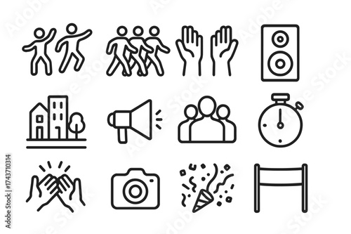 Flash Mob Icon Set. Flash Mob Actions. Line icon set of Flash Mob Actions: dancers, group movement, synchronized hands, music speaker, street, megaphone, crowd