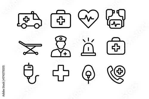 Emergency Icons Set. Emergency care. Line icon set of Emergency care: ambulance, first aid kit, heart monitor, defibrillator, stretcher, paramedic, siren,