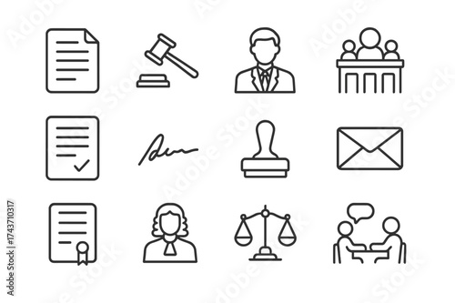 Deportation Icons Grid. Deportation Appeals. Line icon set of Deportation Appeals: legal document, gavel, lawyer, courtroom, petition, signature, stamp,