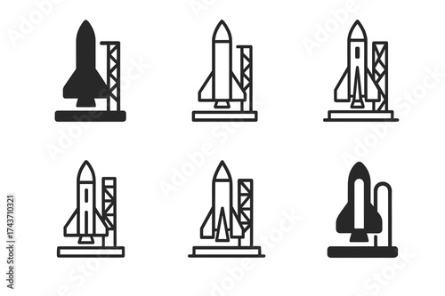 Rocket Launch Logos. Rocket launches. Set Logo of launch pad: rocket standing on platform with support structure. harmonious logo variations of the same