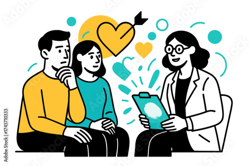 Counseling Harmony. Mediated Understanding. A counselor holding a glowing clipboard while couple listens, abstract floating heart and arrow icons symbolizing