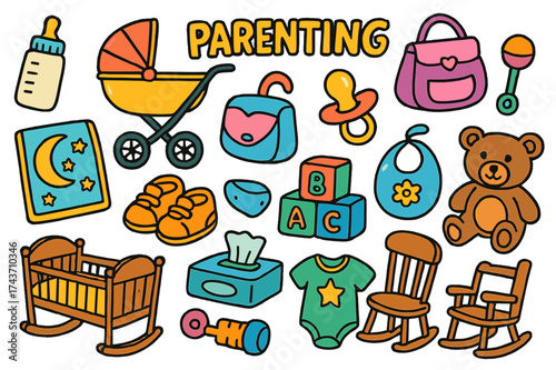 Colorful Parenting Doodles. Parenting. Colorful Hand-drawn doodle Children illustration Baby bottle, stroller, diaper bag, pacifier, rattle, blanket, baby