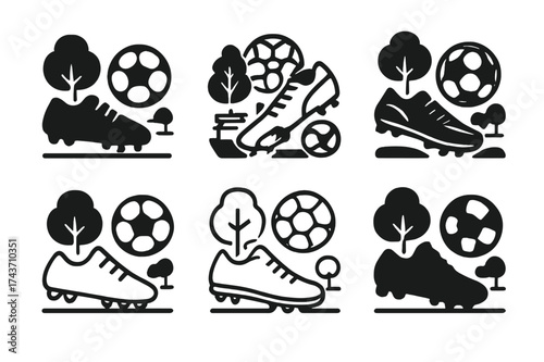 Soccer Park Logos. Playing Soccer in the Park with Friends. Set Logo of Playing Soccer in the Park with Friends: soccer shoe. harmonious logo variations of the