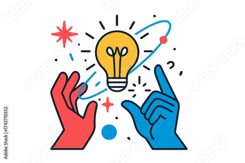 Floating Idea Spark. Innovation Strike. A glowing lightbulb floating between two hands with abstract sparks and orbiting shapes indicating sudden inspiration.