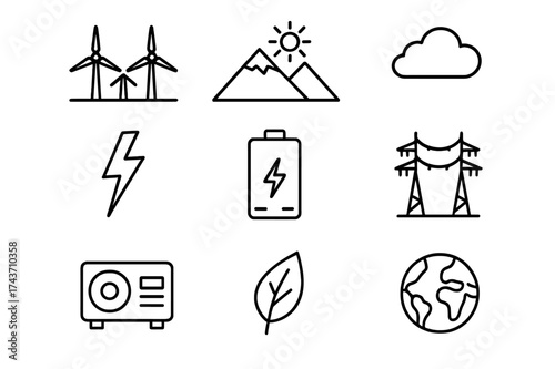 Turbine Field Icons. Turbine field. Line icon set of turbine field: row of wind turbines, mountain, sun, cloud, lightning bolt, battery, power lines,