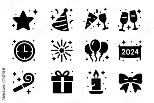 Festive Holiday Icons. Holiday Celebration. Solid icons set of star, party hat, confetti, champagne glasses, clock, firework, balloons, banner, noise maker,