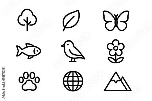 Biodiversity Icon Set. Biodiversity preservation. Line icon set of biodiversity preservation: tree, leaf, butterfly, fish, bird, flower, paw print, globe,