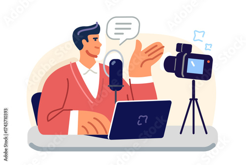 Content creator filming with camera and microphone. Social media influencer creating video content