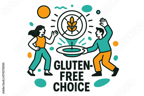 Gluten-Free Symbolism. Gluten-Free Choice. A glowing plate with bread crossed out by a minimal wheat icon, abstract floating shapes symbolizing health. Modern