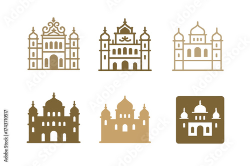 Palace Logo Variations. Royal palaces. Set Logo of Architecture: ornate palace icon. harmonious logo variations of the same emblematic concept, each with