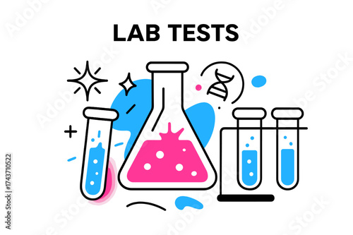 Glowing Diagnostic Vials. Lab Tests. Glowing vials and test tubes with abstract floating spark and DNA icons symbolizing diagnostics. Modern