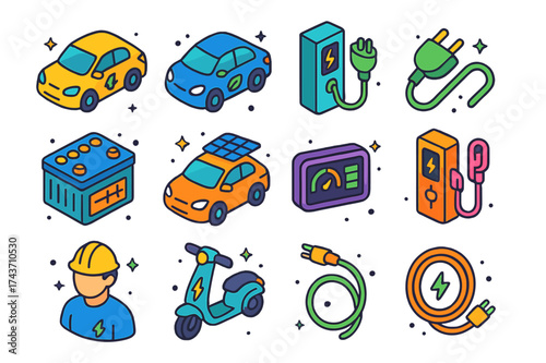 Electric Future Icons. Electric future. Colorful isometric vector icons set of electric future: electric vehicle, hybrid car, charging station, plug-in