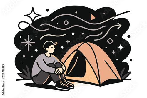 Glowing Solo Camping Adventure. Solo camping. Glowing camper by a tent under abstract glowing stars, floating light lines and geometric shapes emphasizing