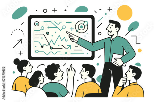 Futuristic Tech Presentation. Tech Conference. A presenter pointing at a large glowing screen filled with abstract data lines and futuristic symbols, audience