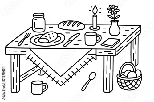 Rustic Table Setting. Rustic Table. Hand-drawn doodle illustration rustic table wooden table, mason jar, plate, mug, bread loaf, knife, fork, spoon, candle,