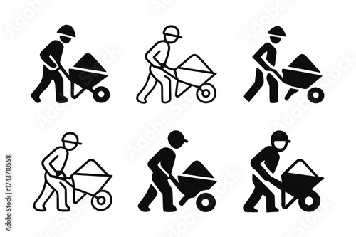 Cement Wheelbarrow Logos. Wheelbarrow with cement. Set Logo of worker pushing: figure moving wheelbarrow with cement. harmonious logo variations of the same