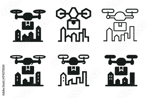 Smart City Logos. Smart cities and future technology. Set Logo of Smart cities and future technology: Delivery drone. harmonious logo variations of the same