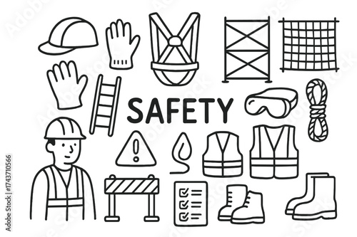 Safety Equipment Doodles. Safety. Hand-drawn doodle illustration safety helmet, gloves, harness, scaffold, safety net, ladder, warning sign, goggles, vest,