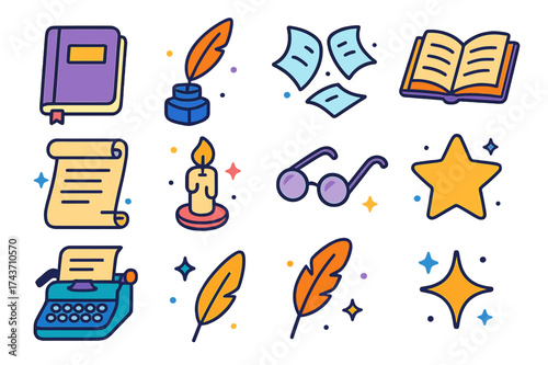 Creative Writing Icons. Creative Writing. Colorful isometric vector icons set of creative writing: notebook, quill pen, ink bottle, flying pages, open book,