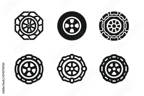 Traction Chain Logos. Snow chains on tires. Set Logo of traction grip: stylized wheel with chain pattern emphasizing stability. harmonious logo variations of