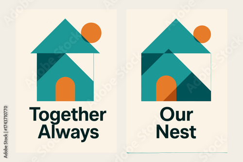 Geometric Home Banners. Union. Two vertical A6 banners with safe margins, centered composition, no elements touching edges, geometric style, turquoise and