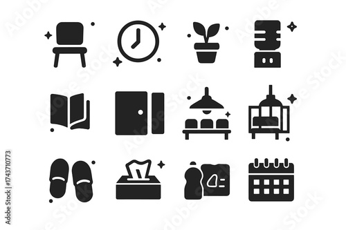 Modern Waiting Room Icons. Waiting room with empty chairs. Solid icons set of empty chair, clock, potted plant, water cooler, magazine, door, bench, ceiling