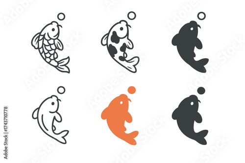 Koi Fish Logo Variations. Fish breathing. Set Logo of Fish breathing: Koi carp. harmonious logo variations of the same emblematic concept, each with different