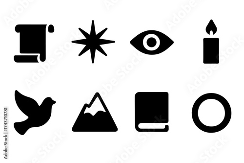 Prophet Icon Set. Prophet. Filled icon set of Prophet: open scroll, radiant star, eye, candle flame, dove,