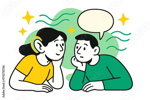 Empathy in Dialogue. Listening deeply. One character leaning toward another with glowing ears and speech bubbles, abstract floating stars and waves symbolizing