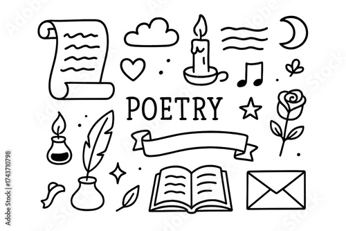 Poetic Symbols Illustration. Poetry. Hand-drawn doodle illustration poetry scroll, feather quill, ink pot, candle, book, heart, moon, star, rose, envelope,