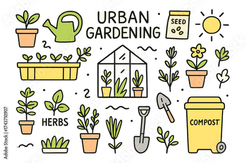 Colorful Urban Garden. Urban Gardening. Hand-drawn doodle illustration potted plants (colored), watering can, seeds (colored), balcony garden, greenhouse