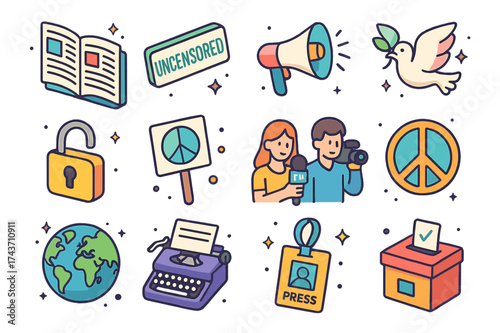 Press Freedom Icons. Press Freedom. Colorful isometric vector icons set of Press Freedom: open newspaper, uncensored stamp, megaphone, free speech dove,
