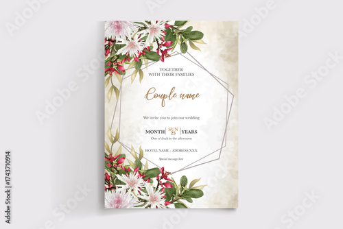 WEDDING INVITATION FRAME WITH FLOWER DECORATIONS AND FRESH LEAVES