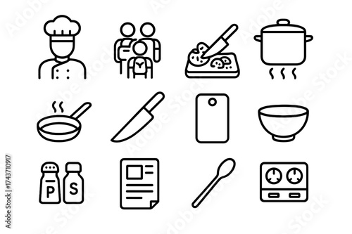 Cooking Class Icons. Food preparation class. Line icon set of Food preparation class: chef, group of travelers, chopping vegetables, cooking pot, frying pan,