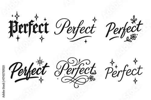 Calligraphy Style Variations. Perfect. Create a calligraphy lettering illustration of the phrase: Perfect.