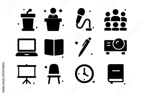 Conference Icons Collection. Conference Session. Solid icons set of Conference Session: Podium, Speaker, Microphone, Audience, Laptop, Notebook, Pen,