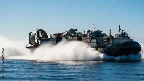 military hovercraft transport swiftly glides over blue sea