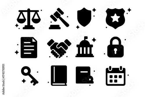 Law and Order Icons. Law and order. Solid icons set of Law and order: scales of justice, gavel, courthouse, document, shield, police badge,