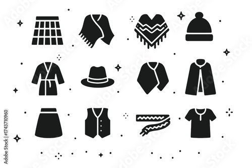 Traditional Wool Attire Icons. Traditional Wool Wear. Solid icons set of Traditional Wool Wear: wool kilt, wool shawl, woven poncho, wool cap, wool robe, felt