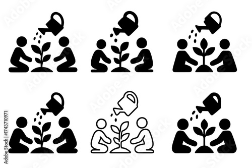 Environmental Justice Logos. Environmental justice. Set Logo of Environmental justice: Community garden with watering can and people. harmonious logo