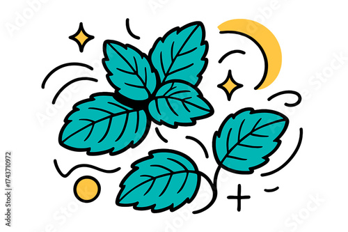 Refreshing Mint Essence. Mint leaves. Fresh glowing mint sprigs floating with abstract sparkles and curved lines symbolizing refreshing calm and balance.